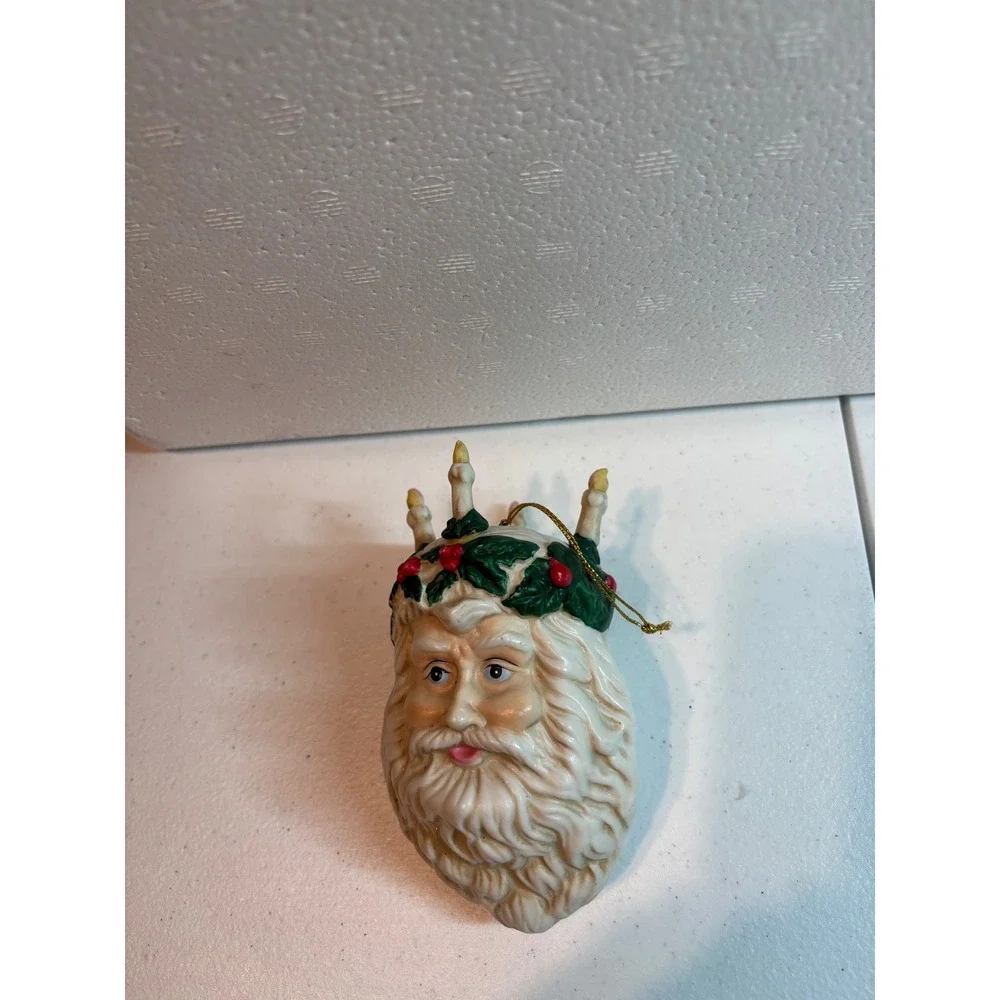 Vintage Santa Claus Head Christmas Ornament‎ with Candles Holly Berries